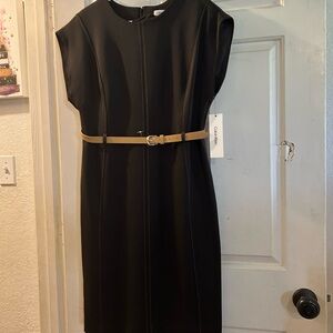 Calvin Klein Black Midi Sheath Dress with Tan Belt